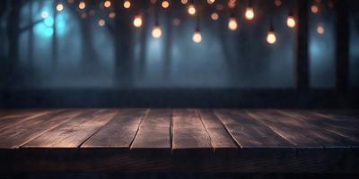 The primary subject of the image is a wooden bench with a lighted background. The setting is a dark room with a row of lights hanging above the bench. The visual style appears to be a photo, and the colors and mood are dark and moody.